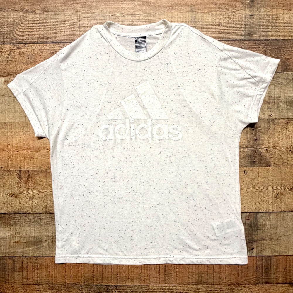 Adidas Womens XL White Confetti Speckle Logo Boxy Crop T-Shirt Short Sleeve